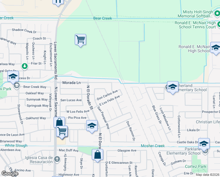 map of restaurants, bars, coffee shops, grocery stores, and more near 325 Morada Lane in Stockton