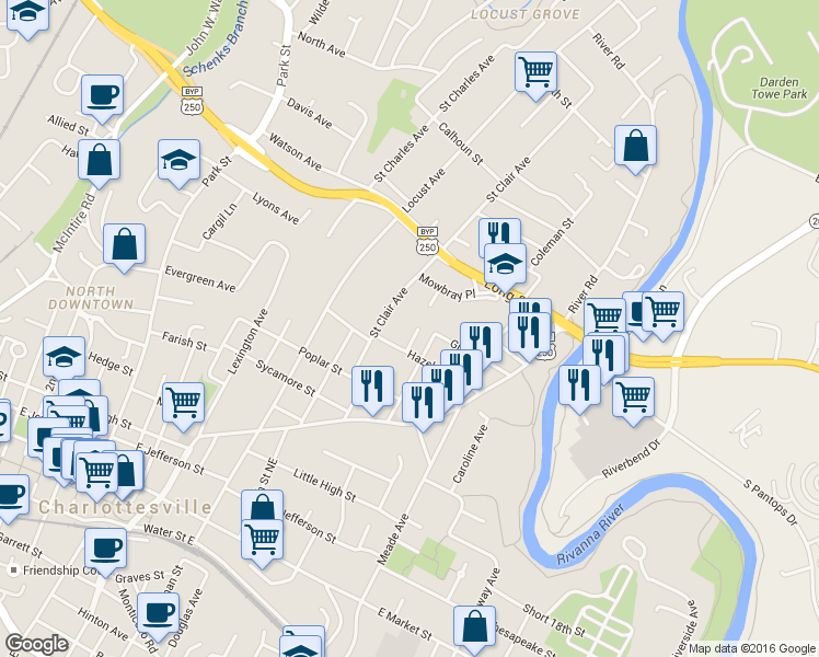 map of restaurants, bars, coffee shops, grocery stores, and more near 808 Saint James Circle in Charlottesville