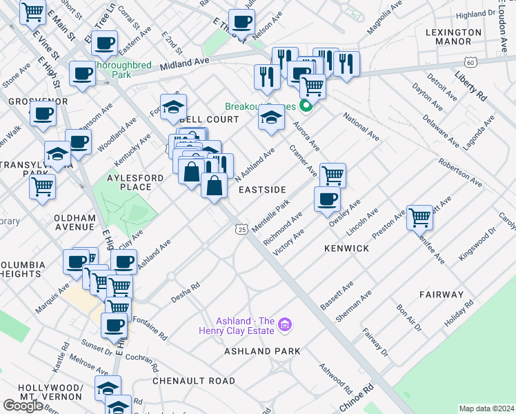 map of restaurants, bars, coffee shops, grocery stores, and more near 145 North Hanover Avenue in Lexington