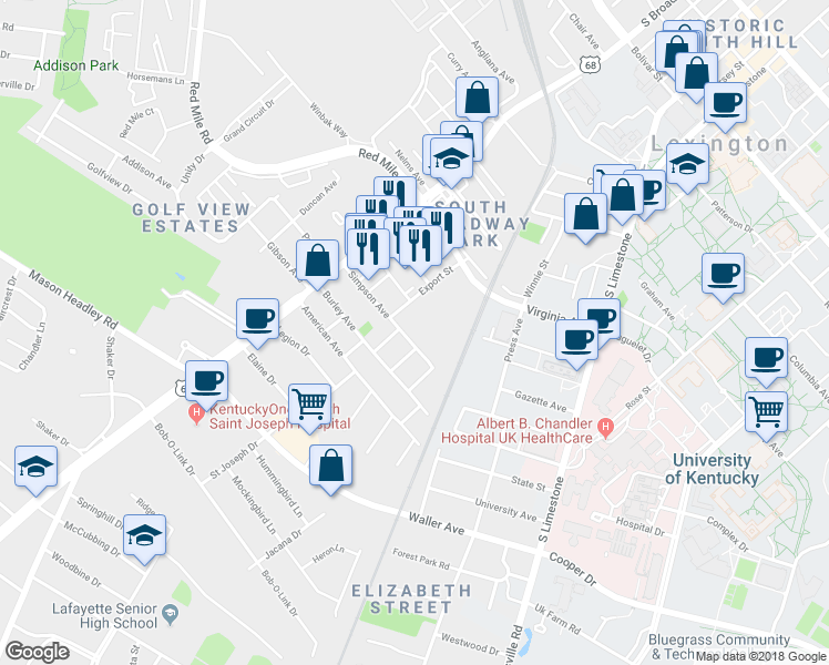 map of restaurants, bars, coffee shops, grocery stores, and more near in Lexington