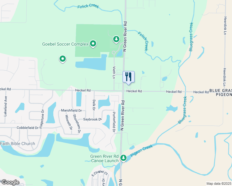 map of restaurants, bars, coffee shops, grocery stores, and more near 4510 Heckel Road in Evansville