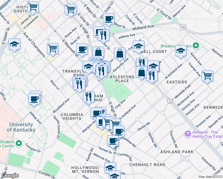 map of restaurants, bars, coffee shops, grocery stores, and more near 601 East High Street in Lexington