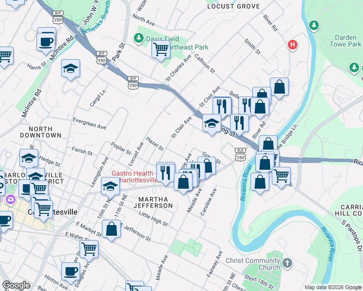 map of restaurants, bars, coffee shops, grocery stores, and more near 808 Saint James Circle in Charlottesville