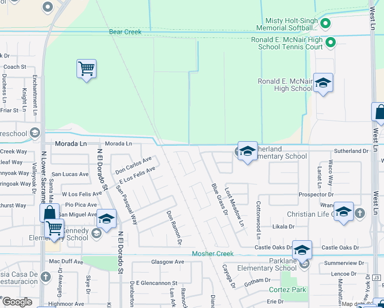 map of restaurants, bars, coffee shops, grocery stores, and more near 9287 Little Creek Circle in Stockton