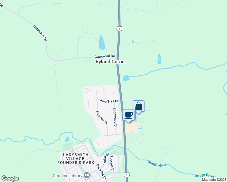 map of restaurants, bars, coffee shops, grocery stores, and more near 2607 Edgewood Drive in Ruther Glen