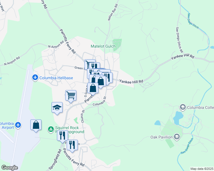 map of restaurants, bars, coffee shops, grocery stores, and more near Columbia Street in Columbia