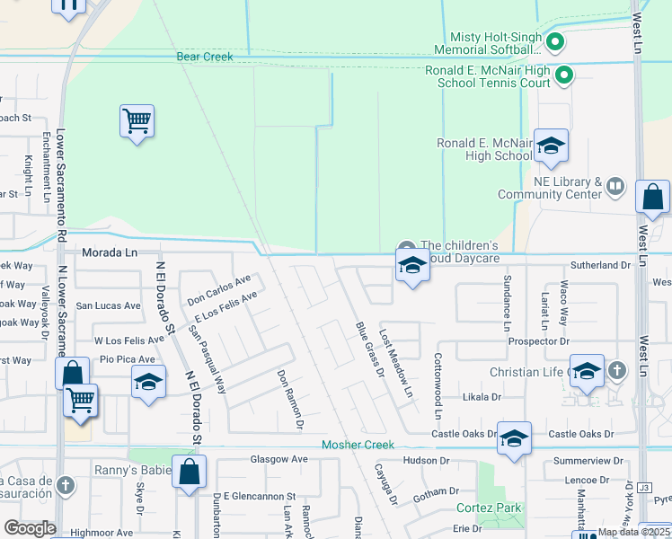 map of restaurants, bars, coffee shops, grocery stores, and more near Sutherland Drive & Blue Grass Drive in Stockton