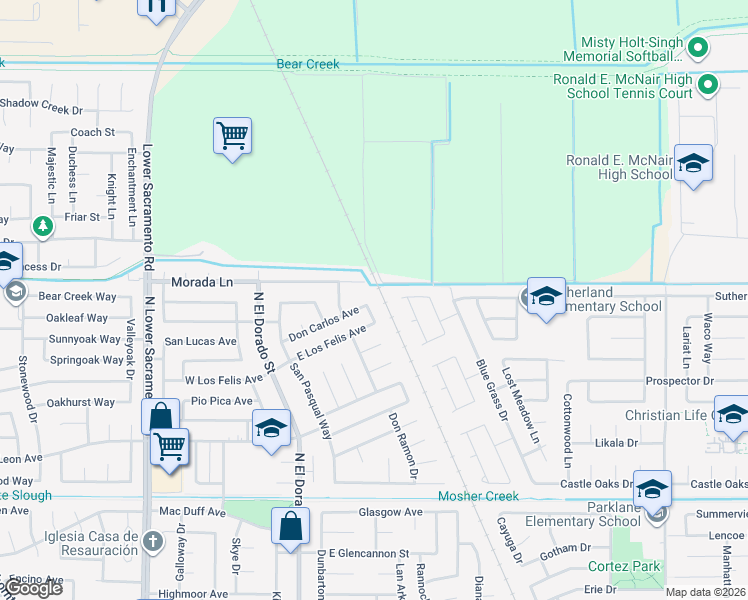 map of restaurants, bars, coffee shops, grocery stores, and more near 9265 Little Creek Circle in Stockton