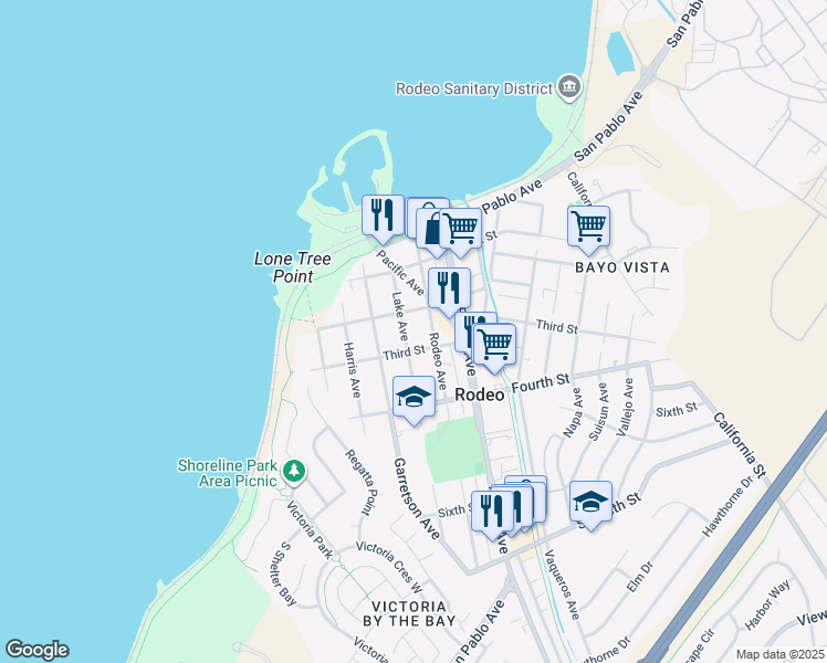 map of restaurants, bars, coffee shops, grocery stores, and more near 229 Lake Avenue in Rodeo