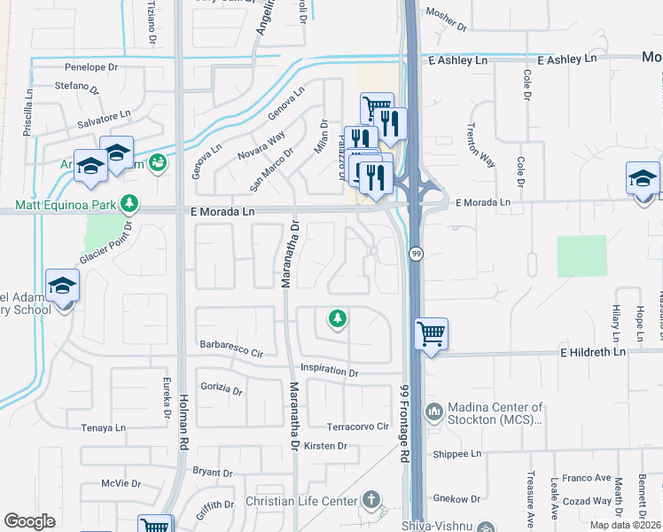 map of restaurants, bars, coffee shops, grocery stores, and more near 3932 Lembert Dome Court in Stockton