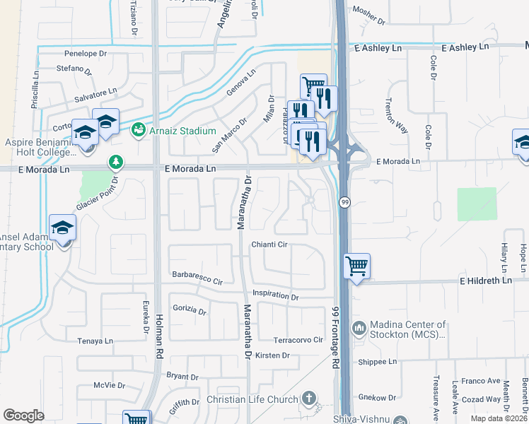 map of restaurants, bars, coffee shops, grocery stores, and more near 3932 Lembert Dome Court in Stockton