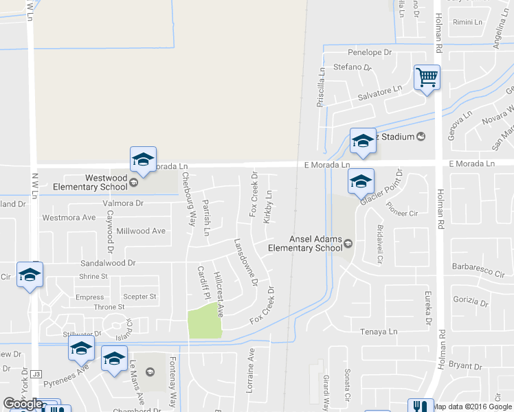map of restaurants, bars, coffee shops, grocery stores, and more near 9325 Fox Creek Drive in Stockton