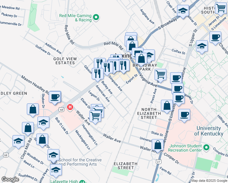 map of restaurants, bars, coffee shops, grocery stores, and more near 321 Burley Avenue in Lexington
