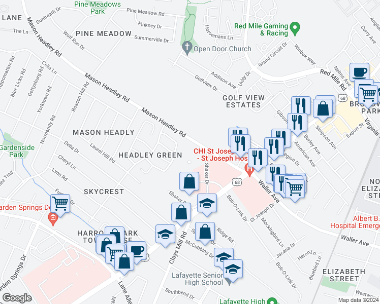 map of restaurants, bars, coffee shops, grocery stores, and more near 700 Mason Headley Road in Lexington