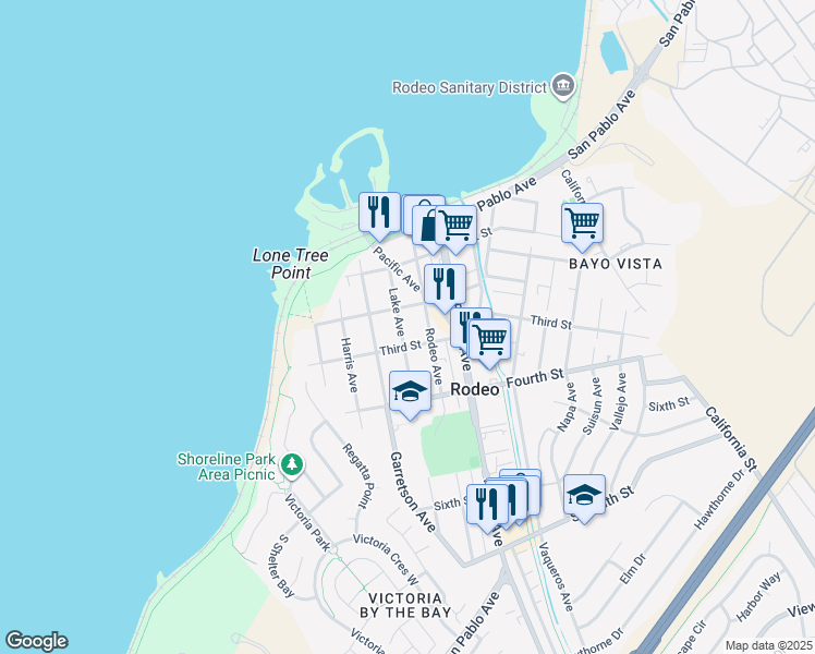 map of restaurants, bars, coffee shops, grocery stores, and more near 229 Lake Avenue in Rodeo