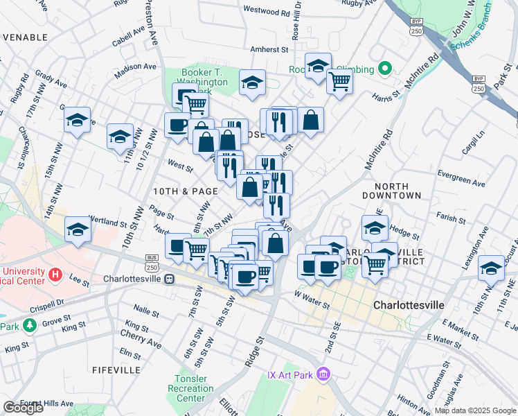 map of restaurants, bars, coffee shops, grocery stores, and more near 601 Preston Ave in Charlottesville