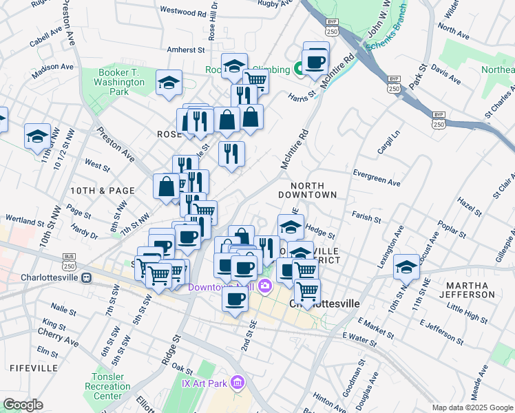 map of restaurants, bars, coffee shops, grocery stores, and more near 511 1st Street North in Charlottesville