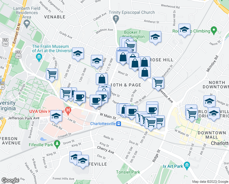 map of restaurants, bars, coffee shops, grocery stores, and more near 908 Page Street in Charlottesville