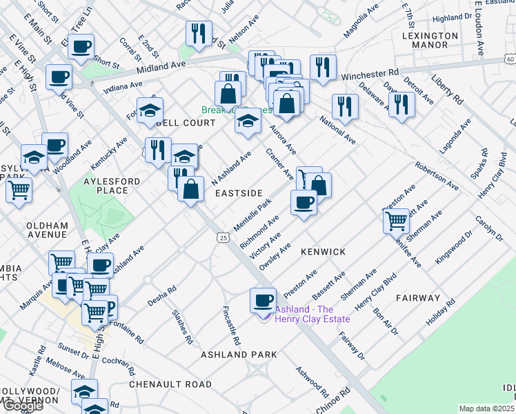 map of restaurants, bars, coffee shops, grocery stores, and more near Mentelle Park in Lexington
