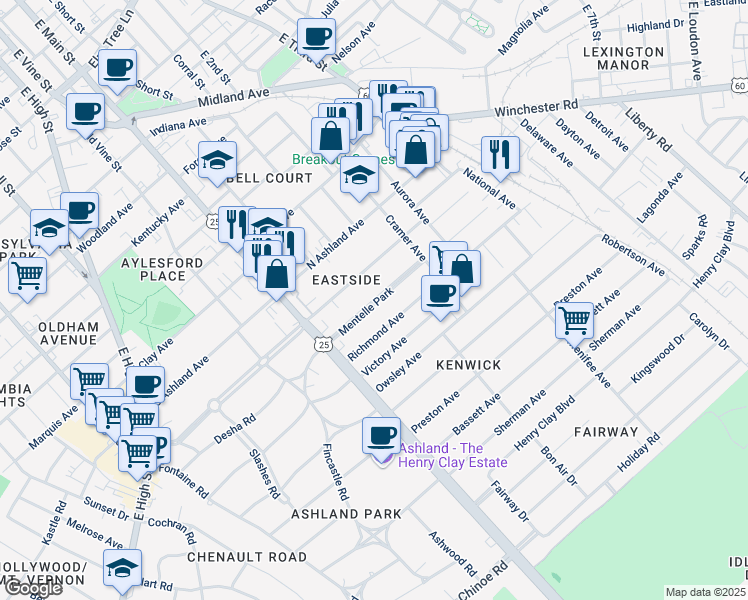 map of restaurants, bars, coffee shops, grocery stores, and more near Mentelle Park in Lexington