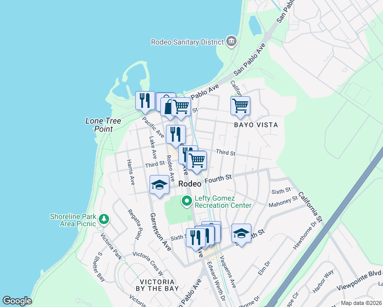 map of restaurants, bars, coffee shops, grocery stores, and more near 245 Railroad Avenue in Rodeo