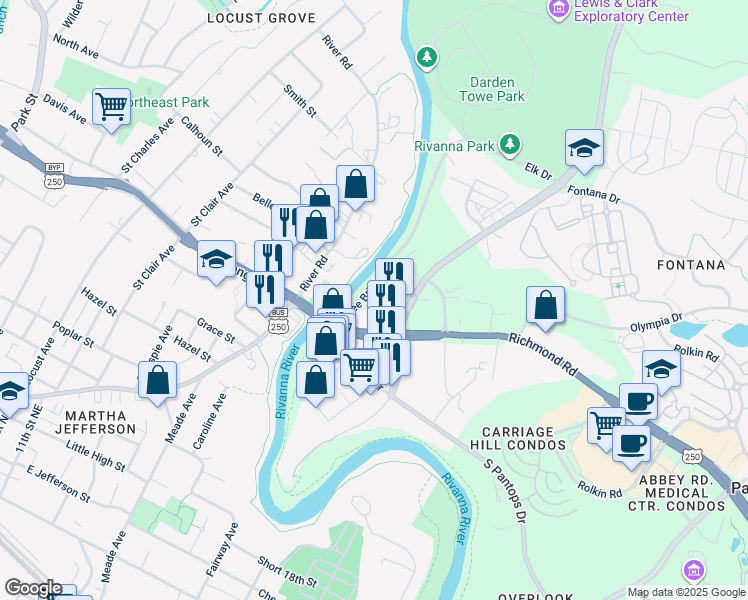 map of restaurants, bars, coffee shops, grocery stores, and more near 3280 Old Lynchburg Road in North Garden