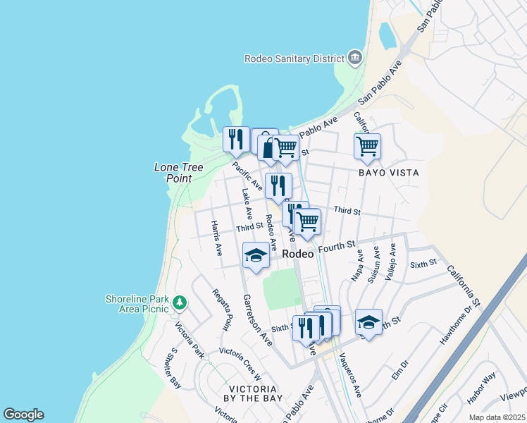 map of restaurants, bars, coffee shops, grocery stores, and more near 418 Second Street in Rodeo