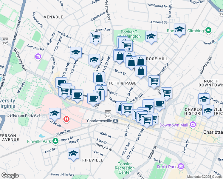 map of restaurants, bars, coffee shops, grocery stores, and more near 911 Paoli Street in Charlottesville
