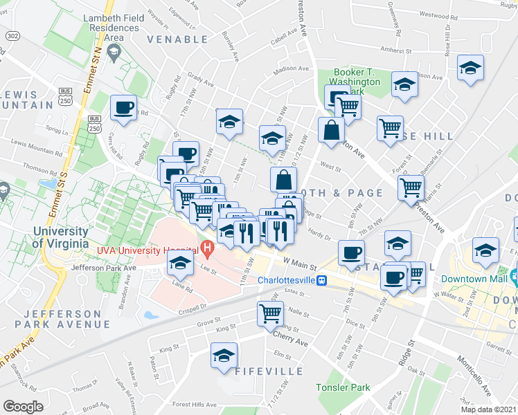 map of restaurants, bars, coffee shops, grocery stores, and more near 1058 Page Street in Charlottesville