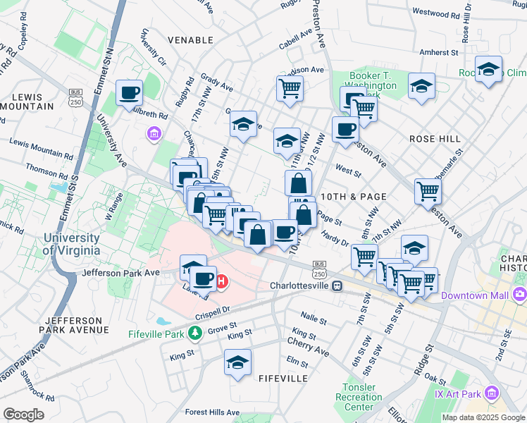 map of restaurants, bars, coffee shops, grocery stores, and more near 1207-11 Wertland Street in Charlottesville