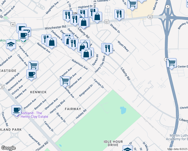 map of restaurants, bars, coffee shops, grocery stores, and more near 1592 Delaware Avenue in Lexington