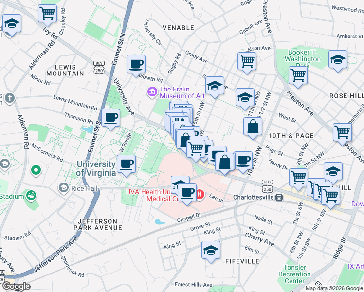 map of restaurants, bars, coffee shops, grocery stores, and more near 1511 University Avenue in Charlottesville