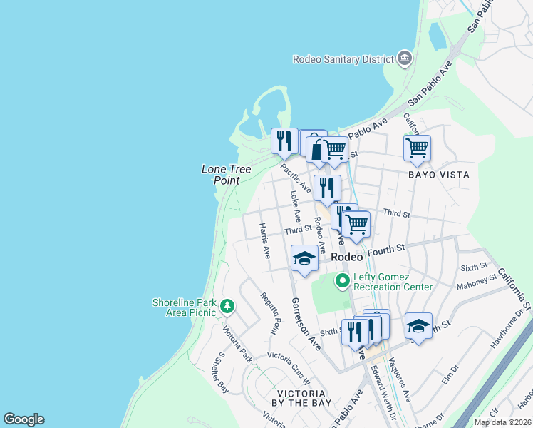 map of restaurants, bars, coffee shops, grocery stores, and more near 211 Second Street in Rodeo