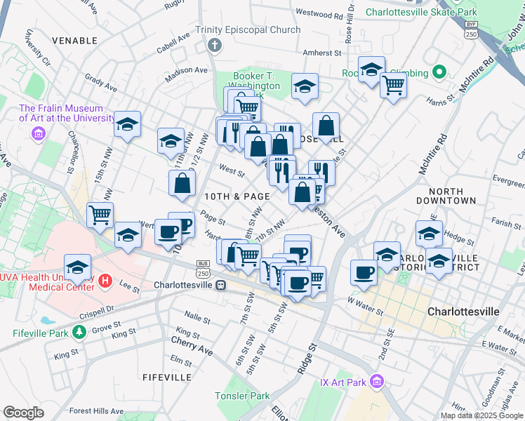 map of restaurants, bars, coffee shops, grocery stores, and more near 413-815 8th St NW in Charlottesville