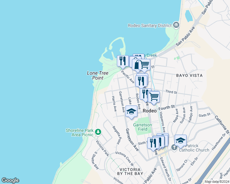map of restaurants, bars, coffee shops, grocery stores, and more near 211 Second Street in Rodeo