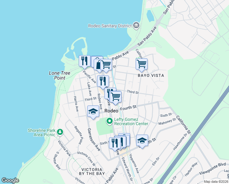 map of restaurants, bars, coffee shops, grocery stores, and more near 2 Railroad Avenue in Rodeo