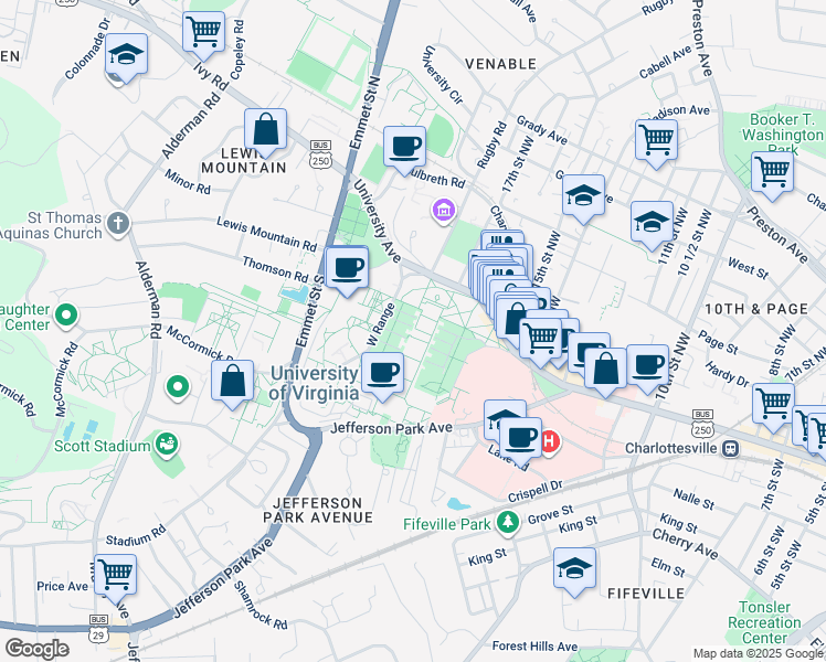 map of restaurants, bars, coffee shops, grocery stores, and more near in Charlottesville