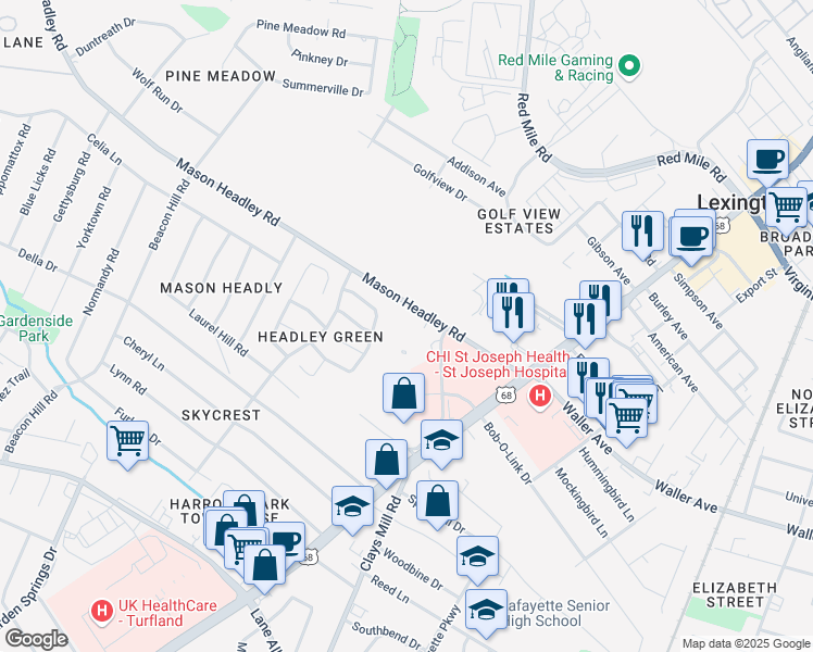 map of restaurants, bars, coffee shops, grocery stores, and more near 700 Mason Headley Road in Lexington