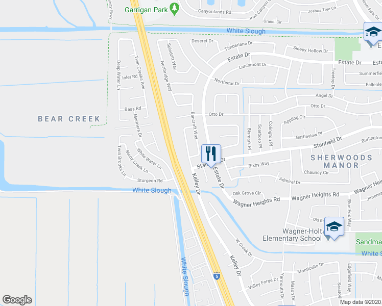 map of restaurants, bars, coffee shops, grocery stores, and more near 3833 Rion Way in Stockton