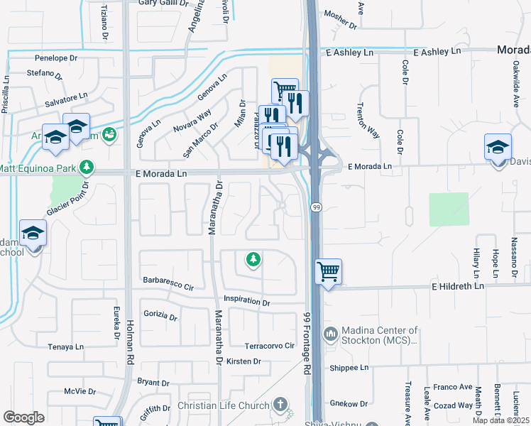 map of restaurants, bars, coffee shops, grocery stores, and more near 9350 Lembert Dome Circle in Stockton
