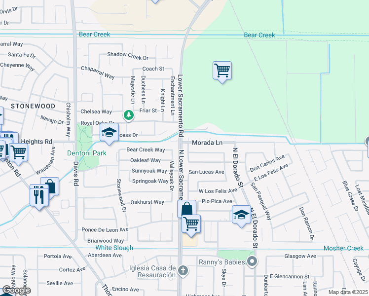 map of restaurants, bars, coffee shops, grocery stores, and more near 10100 North Lower Sacramento Road in Stockton