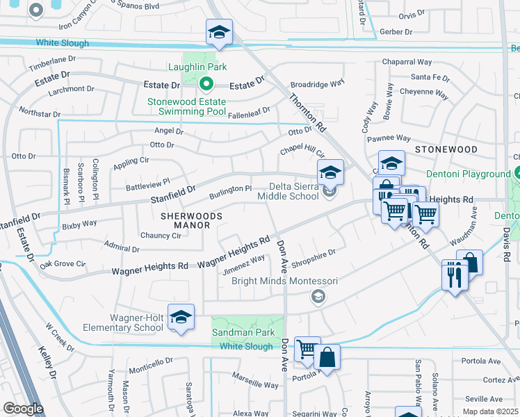 map of restaurants, bars, coffee shops, grocery stores, and more near 2519 Plantation Place in Stockton