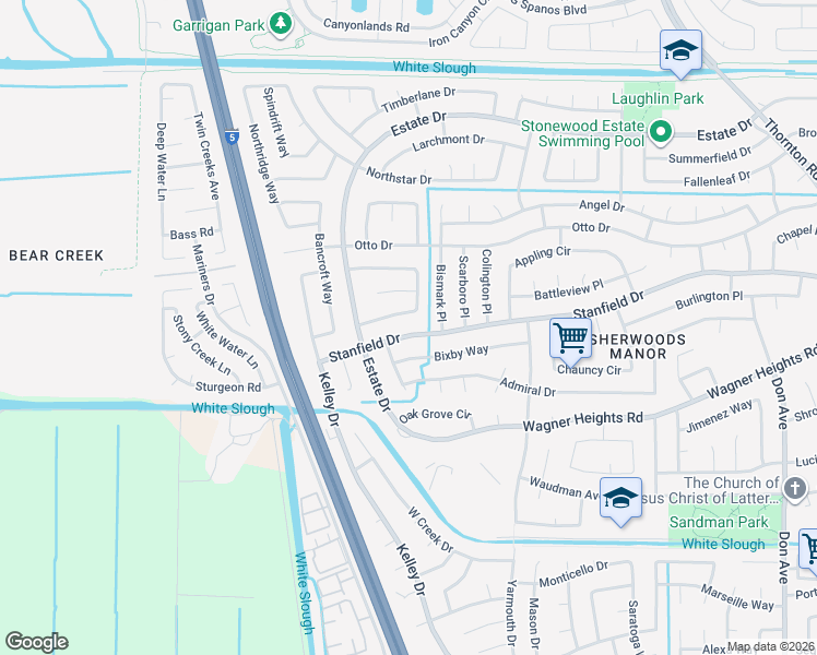 map of restaurants, bars, coffee shops, grocery stores, and more near 4044 Chatsworth Circle in Stockton