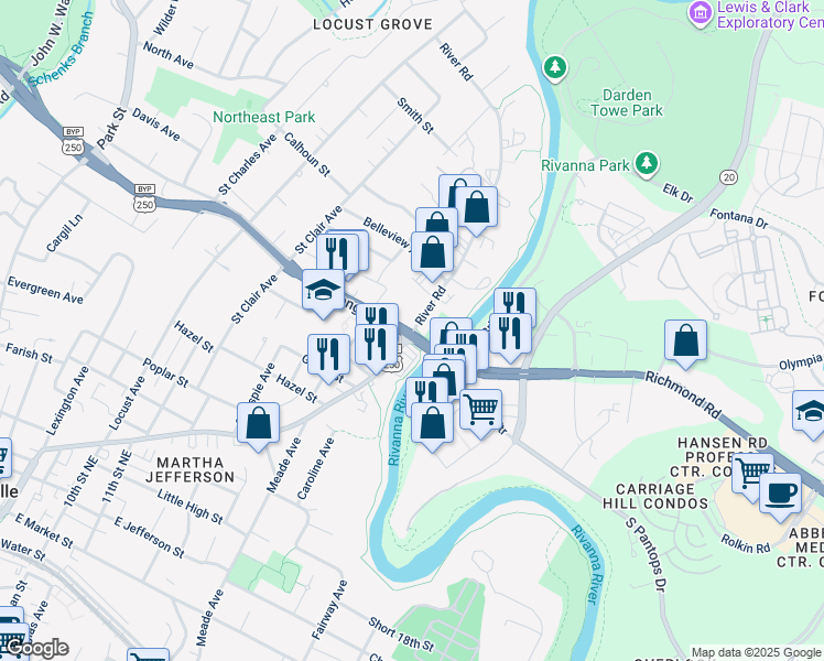 map of restaurants, bars, coffee shops, grocery stores, and more near 949-969 River Rd in Charlottesville