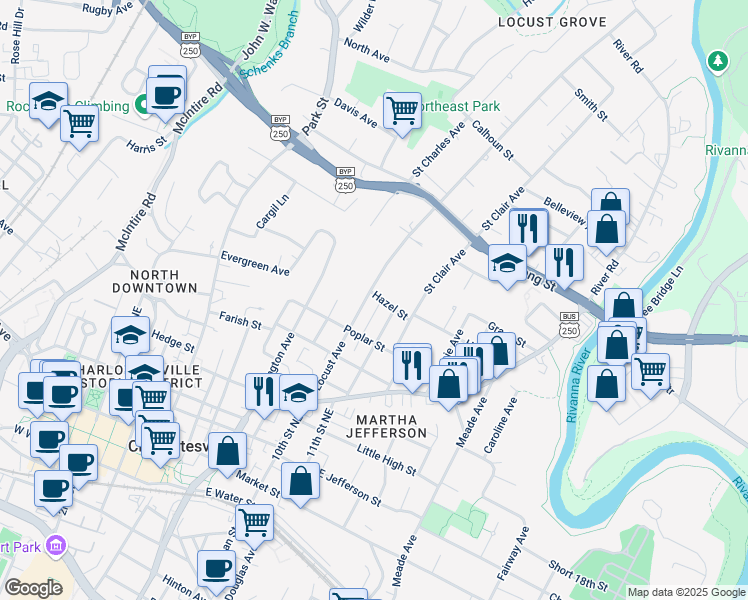 map of restaurants, bars, coffee shops, grocery stores, and more near 810 Locust Avenue in Charlottesville