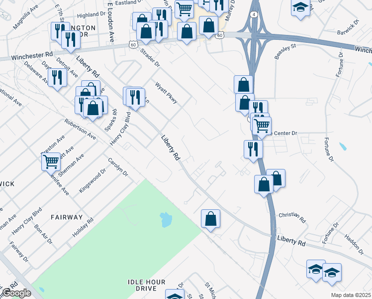 map of restaurants, bars, coffee shops, grocery stores, and more near 1725 Liberty Road in Lexington