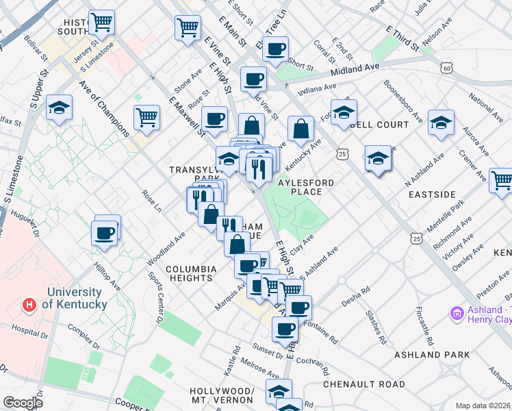 map of restaurants, bars, coffee shops, grocery stores, and more near 544 East High Street in Lexington