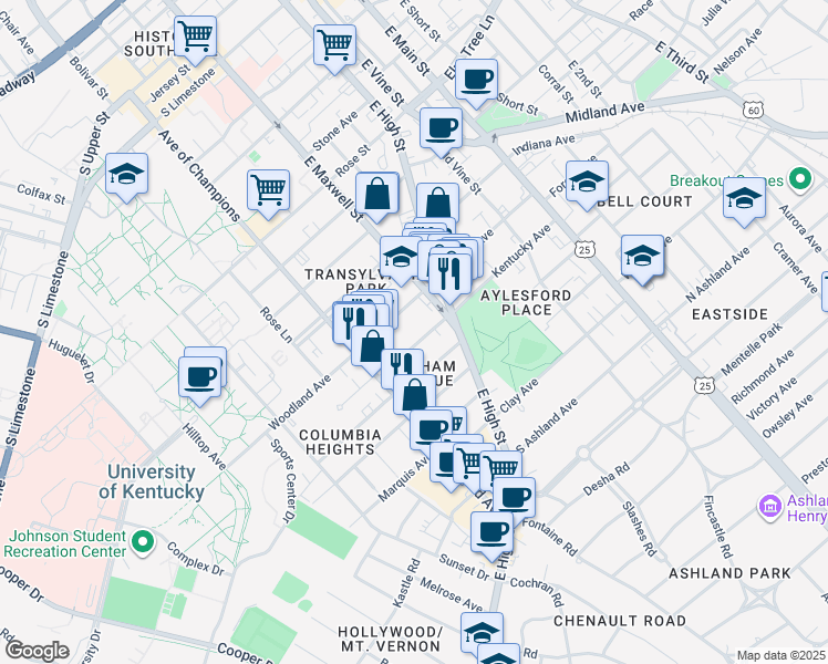 map of restaurants, bars, coffee shops, grocery stores, and more near 225 Kentucky Avenue in Lexington