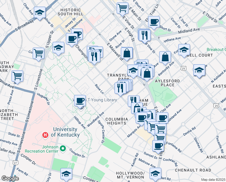 map of restaurants, bars, coffee shops, grocery stores, and more near 368 Transylvania Park in Lexington