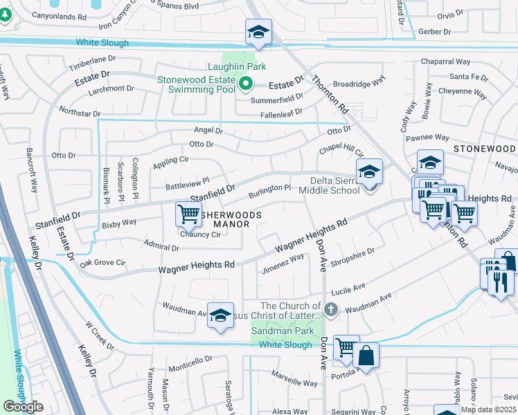 map of restaurants, bars, coffee shops, grocery stores, and more near Plantation Place in Stockton